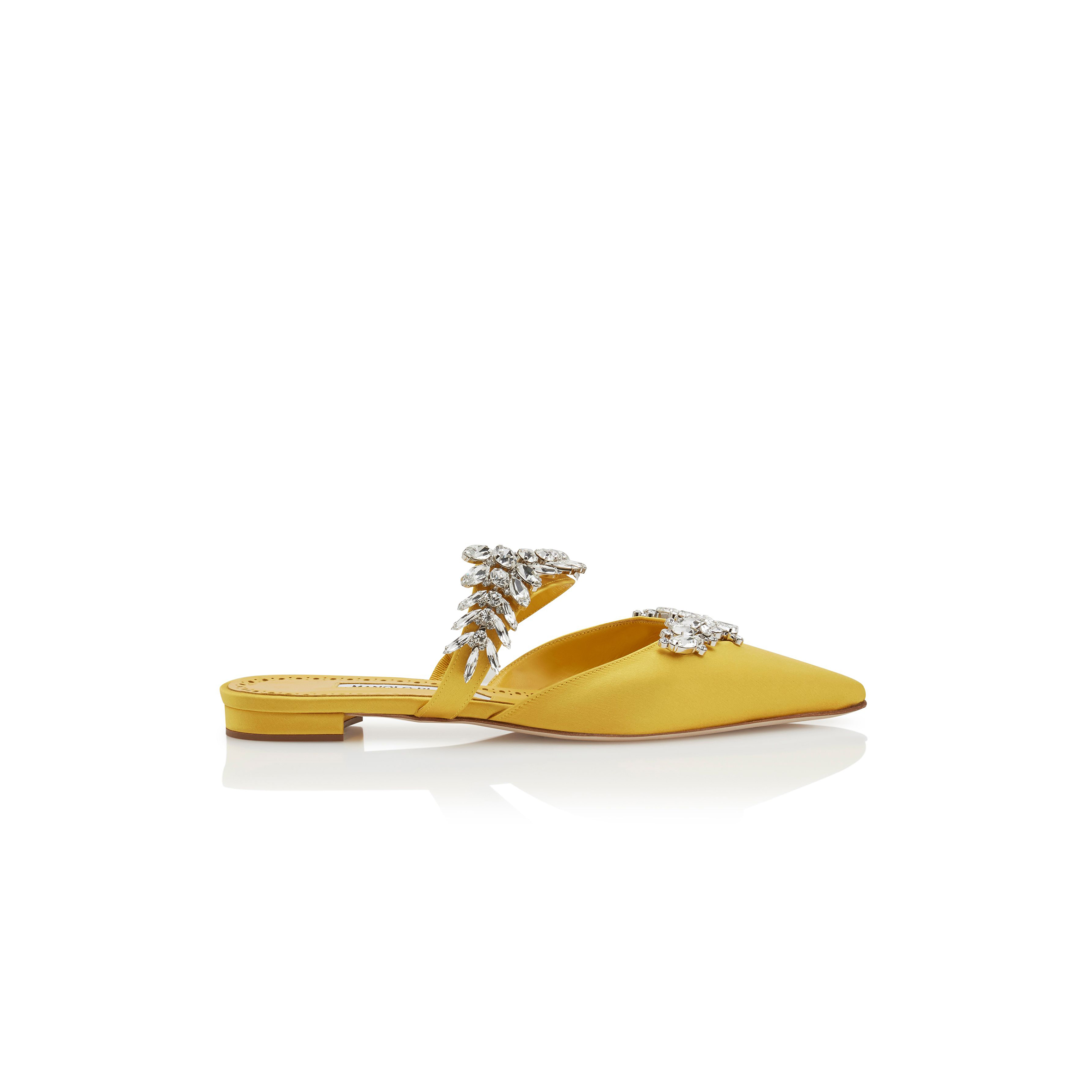 MANOLO BLAHNIK LURUMFLATUS YELLOW SATIN CRYSTAL EMBELLISHED FLAT MULES 122-1947-0004